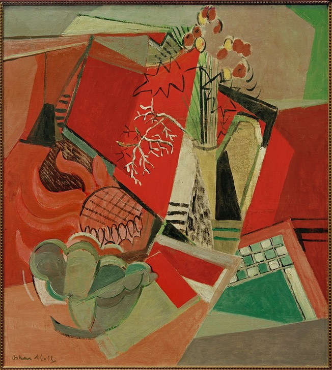 Oskar Moll, Komposition mit Pfennigkraut und Schale (Stillleben, Blumen, Vase, Schale, Kubismus, klassische Moderne, Wunschgröße, Esszimmer, Treppenhaus, Wohnzimmer, Malerei)