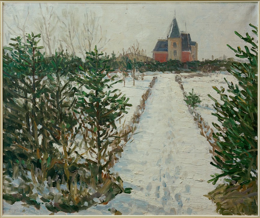 Oskar Moll, Schneelandschaft mit Schloß / Kirche (Winter, Schnee, Kirche, Gebäude, Weg, Landschaft, Landschaftsmalerei, Impressionismus, klassische Moderne, Wunschgröße, Treppenhaus, Wohnzimmer, Malerei)