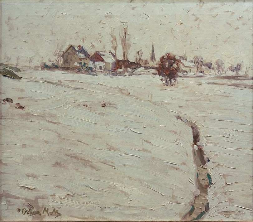 Oskar Moll, Schneelandschaft bei Grafrath (Winter, Schnee, Einsamkeit, Dorf, Impressionismus, klassische Moderne, Wunschgröße, Treppenhaus, Wohnzimmer, Malerei)
