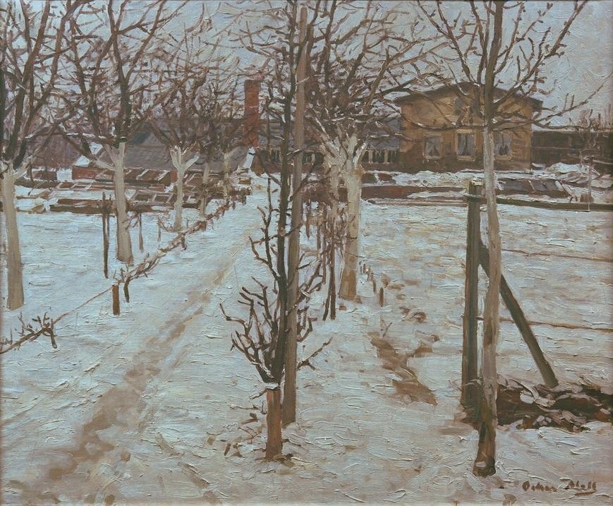 Oskar Moll, Gärtnerei im Schnee (Winter, Gebäude, Gärtnerei, Schnee, verschneit,  Impressionismus, klassische Moderne, Wunschgröße, Treppenhaus, Wohnzimmer, Malerei)