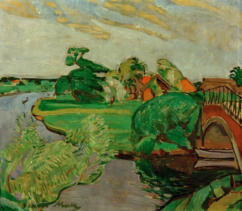 Oskar Moll, Flußlandschaft mit Brücke (Landschaft, Landschaftsmalerei, Flusslandschaft, Brücke,  Expressionismus, klassische Moderne, Wunschgröße, Treppenhaus, Wohnzimmer, Malerei)
