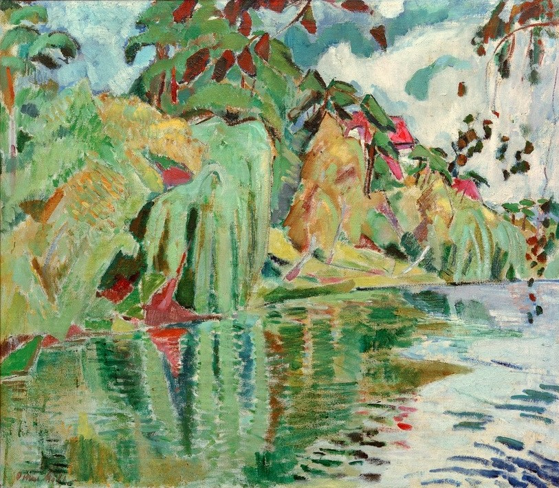 Oskar Moll, Am Seeufer (Deutsche Kunst,Landschaft,Wasser,See,Spiegelung,Baum,Ufer,)