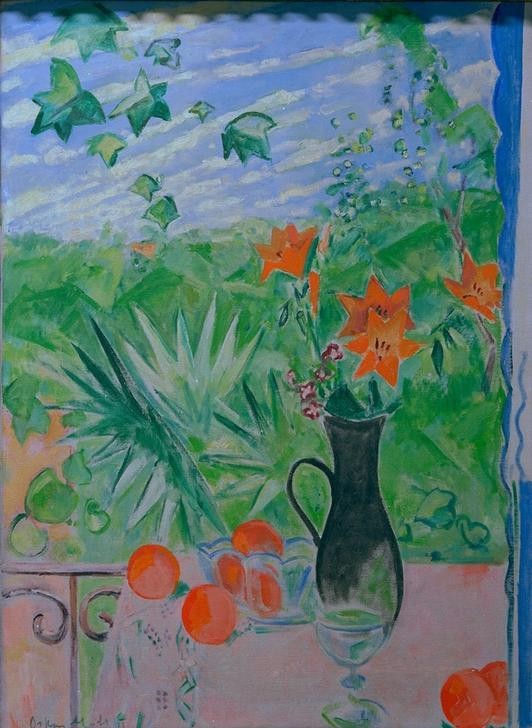 Oskar Moll, Schwarze Vase mit ziehenden Wolken (Deutsche Kunst,Kunst,Stillleben,Blumenstrauss,Vase,Blume,Apfelsine)