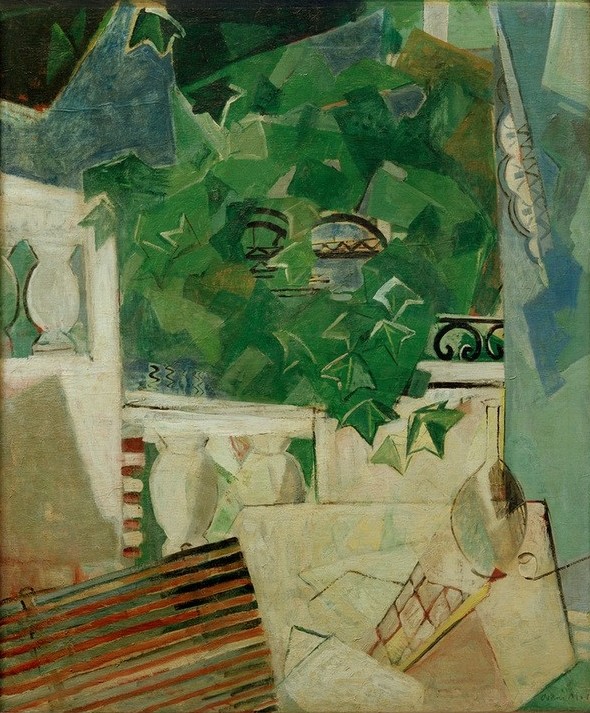 Oskar Moll, Landschaft mit weißer Terrasse (Terrasse, Balustrade, Blätter, Trrasse, Kubismus, klassische Moderne, Wunschgröße,  Treppenhaus, Wohnzimmer, Malerei)