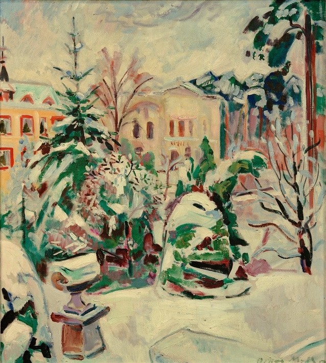 Oskar Moll, Verschneiter Park mit Häusern (Deutsche Kunst,Landschaft,Park,Winter,Schnee,)