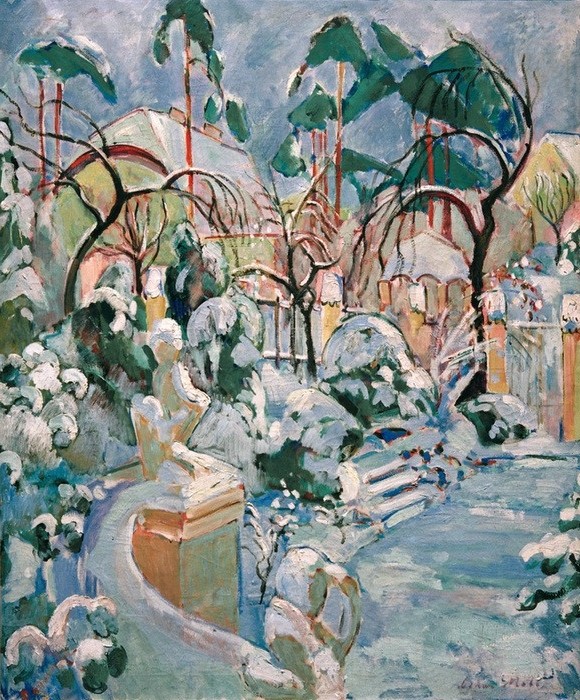 Oskar Moll, Garten im Schnee (Deutsche Kunst,Jahreszeiten,Landschaft,Winter,Schnee,Garten)