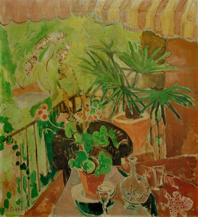 Oskar Moll, Auf der Veranda (Botanik,Deutsche Kunst,Kunst,Stillleben,Topfpflanze,Markise,Kübelpflanze)
