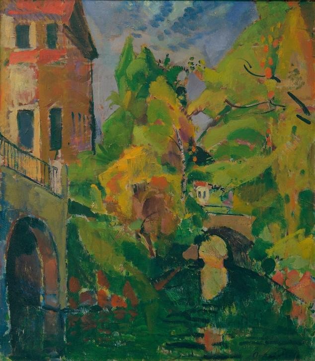 Oskar Moll, Königsalleebrücke mit Bootshaus (Brücke,Deutsche Kunst,Geographie,Bach, Topographie)