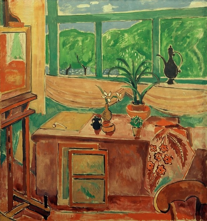 Oskar Moll, Atelierstilleben mit Iris und mehrteiligem Fenster (Atelier,Architektur,Deutsche Kunst,Fenster,Staffelei,Interieur,Topfpflanze,)