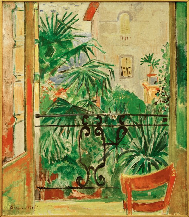 Oskar Moll, Balkonblick auf Palmen und Haus, Abbazia (Architektur,Balkon,Botanik,Deutsche Kunst,Palme,Interieur,Blick Aus Dem Fenster,Fenster (Geöffnet),)
