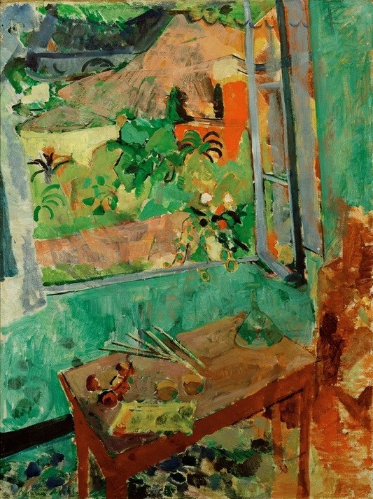Oskar Moll, Atelier mit Fensterausblick auf Haus und Brücke, Levanto (Atelier,Architektur,Deutsche Kunst,Fenster,Jahreszeiten,Sommer,Tisch,Palette,Interieur,Blick Aus Dem Fenster,Pinsel,Fenster (Geöffnet))