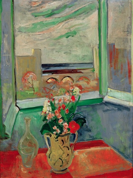 Oskar Moll, Levanto I: Blumenstrauß am Fenster mit Brücke (Atelier,Architektur,Deutsche Kunst,Fenster,Stillleben,Blumenstrauss,Interieur,Blick Aus Dem Fenster,Fenster (Geöffnet))