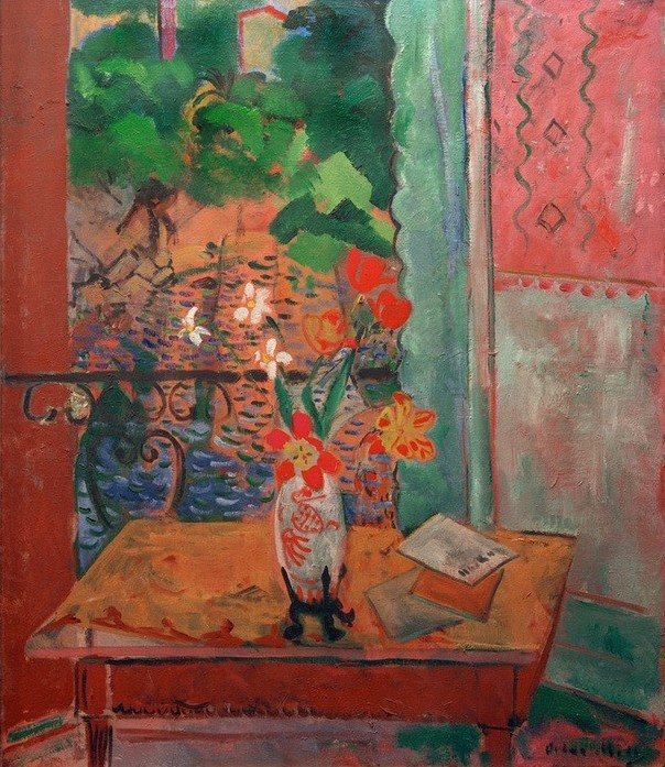 Oskar Moll, Blumenstrauß vor geöffneter Balkontür (Architektur,Deutsche Kunst,Fenster,Blumenstrauss,Interieur,Vase,Blick Aus Dem Fenster,Fenster (Geöffnet))