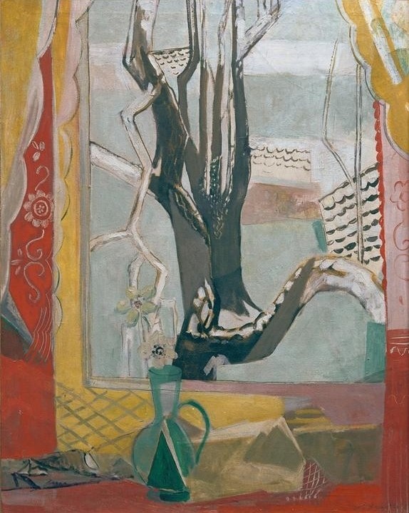 Oskar Moll, Blick durchs Fenster auf verschneiten Baum (Atelier,Architektur,Deutsche Kunst,Fenster,Schnee,Baum,Interieur,Blick Aus Dem Fenster)