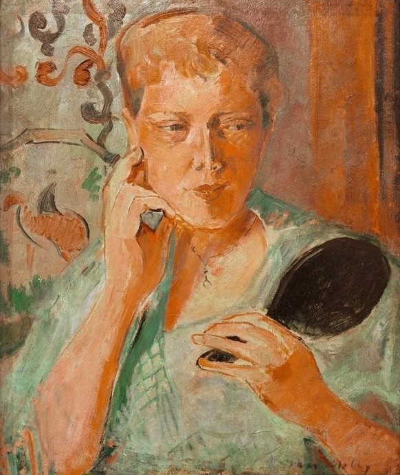 Oskar Moll, Porträt Margarethe mit schwarzem Handspiegel (Deutsche Kunst,Frau,Künstlerin,Malerin,Ehefrau Von Berühmten,Portrait,Künstlerfrau,Handspiegel Person)