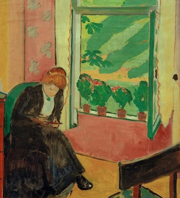 Oskar Moll, Schwarze Frau am Fenster (Marg Moll) (Deutsche Kunst,Fenster,Frau,Künstlerin,Malerin,Ehefrau Von Berühmten,Portrait,Interieur,Blick Aus Dem Fenster,Trauerkleidung,Sitzen,Fenster (Geöffnet), Person)