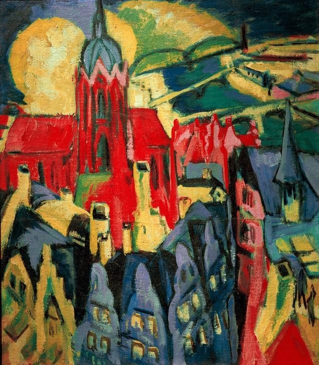 Ernst Ludwig Kirchner, Frankfurter Dom (Altstadt,Deutsche Kunst,Dom,Geographie,Kirche,Expressionismus,Vedute,Architekturdarstellung,Stadtlandschaft,Topographie)