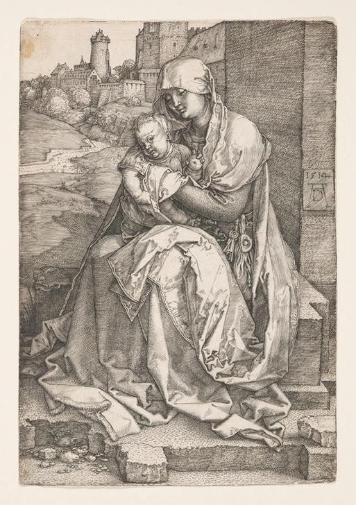 Albrecht Dürer, Maria mit dem Kind an der Mauer (Befestigungsanlage,Burg (Bauwerk),Christentum,Deutsche Kunst,Kunst,Mauer (Architektur),Stadtmauer,Renaissance,Maria Mit Kind,Neues Testament,Bibel,Architekturdarstellung,Jesusknabe,Signatur)