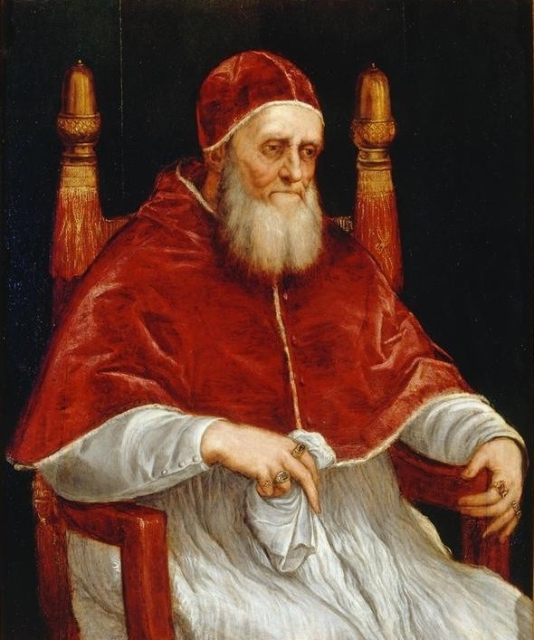 Tizian, Bildnis des Papstes Julius II. (Geschichte,Katholische Kirche,Mann,Schmuck,Bart,Männerschmuck,Renaissance,Portrait,Kopie,Italienische Kunst,Vollbart,Fingerring,Ornat (Geistlich),Person)