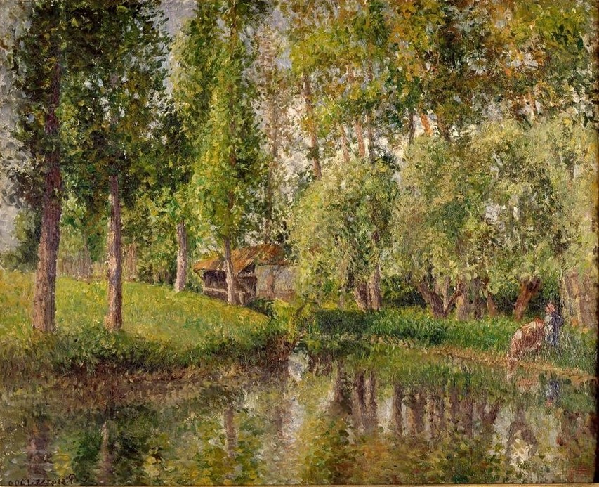 Camille Pissarro, Der Waschplatz in Bazincourt (Gewässer,Kunst,Landschaft,Impressionismus,Fluss,Französische Kunst,Wäscheplatz,Jahrhundertwende)