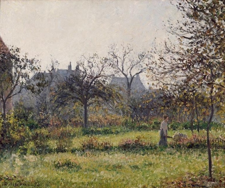 Camille Pissarro, Frau in einem Obstgarten, Herbstmorgen, Eragny (Frau,Garten Und Park,Herbst,Jahreszeiten,Kunst,Obstbau,Obstgarten,Impressionismus,Hausgarten,Französische Kunst,Menschen Im Garten,Obstbaum,Nutzgarten,Garten)