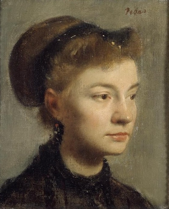 Edgar Degas, Portrait de jeune femme (Frau,Kunst,Mensch,Impressionismus,Portrait,Französische Kunst,Haarschmuck,Haarknoten,Kopf,Junge Frau,Frisur)