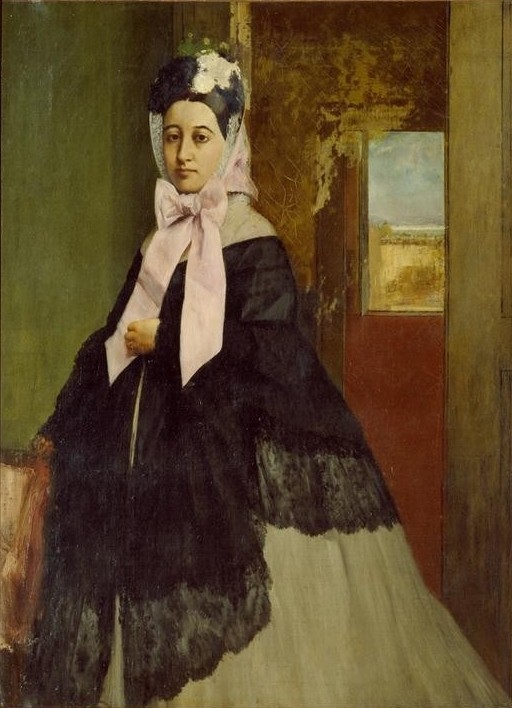 Edgar Degas, Thérèse De Gas (1842–1895), soeur de l’artiste, plus tard Mme Edmond Morbilli (Damenmode,Frau,Kunst,Mensch,Mode,Impressionismus,Schwester,Portrait,Krinoline,Bürgertum,Französische Kunst,Dame,Schleife,Schwester Von Berühmten,Kniestück)