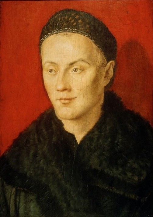 Albrecht Dürer, Bildnis eines jungen Mannes (Deutsche Kunst,Jugend (Lebensalter),Kopfbedeckung,Kunst,Mann,Mensch,Renaissance,Portrait,Haube,Lächeln,Brustbild,Schaube,Junger Mann)