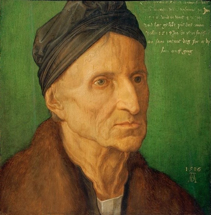 Albrecht Dürer, Bildnis des Nürnberger Malers Michael Wolgemut (Deutsche Kunst,Kopfbedeckung,Künstler,Kunst,Maler (Künstler),Mann,Alter,Renaissance,Portrait,Haube,Pelzkragen,Kopf,Alter Mann,Person,Holzschneider)