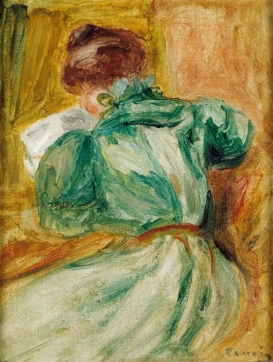 Pierre-Auguste Renoir, La liseuse verte (Buch,Frau,Kunst,Leser,Literatur,Rückenfigur,Französische Kunst,Frauenbildung,Lesehunger,Leserin,Sitzen,Puffärmel)