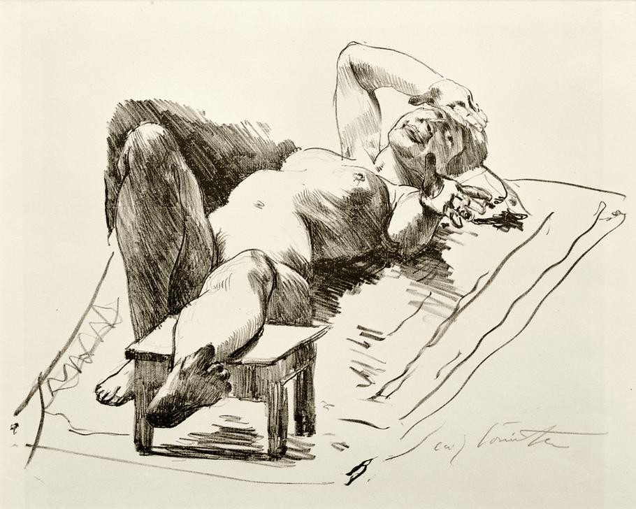 Lovis Corinth, Liegende (Deutsche Kunst,Frau,Kunst,Impressionismus,Akt,Portrait,Scorcio,Liegen,Ganzfigurig,Hocker (Sitzmöbel))