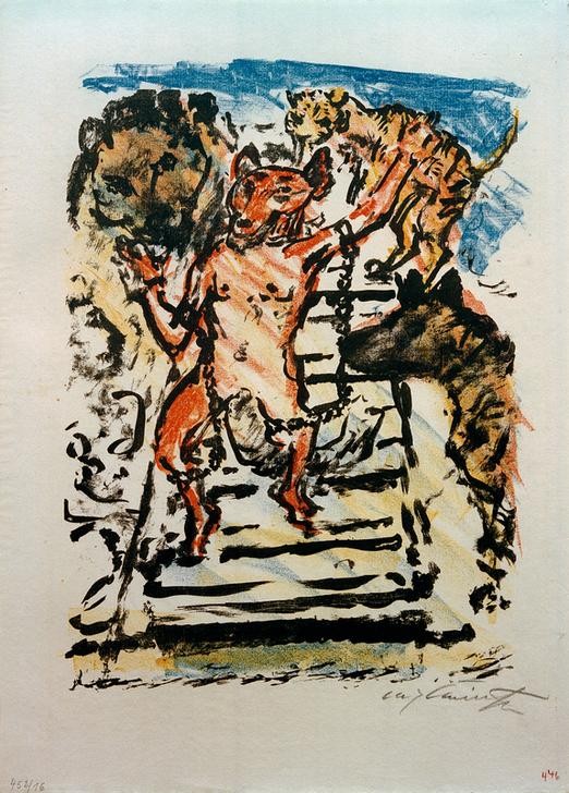 Lovis Corinth, Reinecke, mit Ketten gefesselt, erwartet seine Hinrichtung (Deutsche Kunst,Fuchs,Satire,Hinrichtung,Kunst,Literatur,Tierfabel,Fabel,Gesellschaftskritik,Illustration,Anthropomorphismus,Fesselung,Tier,Epos,Person,Kette (Fessel))