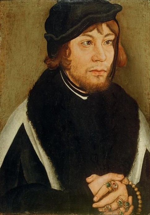 Lucas Cranach der Ältere, Albrecht I. von Brandenburg (Portrait, Bildnis, Barett, Kopfbedeckung, junger Mann, Schmuck, Ringe, Persönlichkeiten, Klassiker, Renaissance, Wunschgröße, Wohnzimmer)
