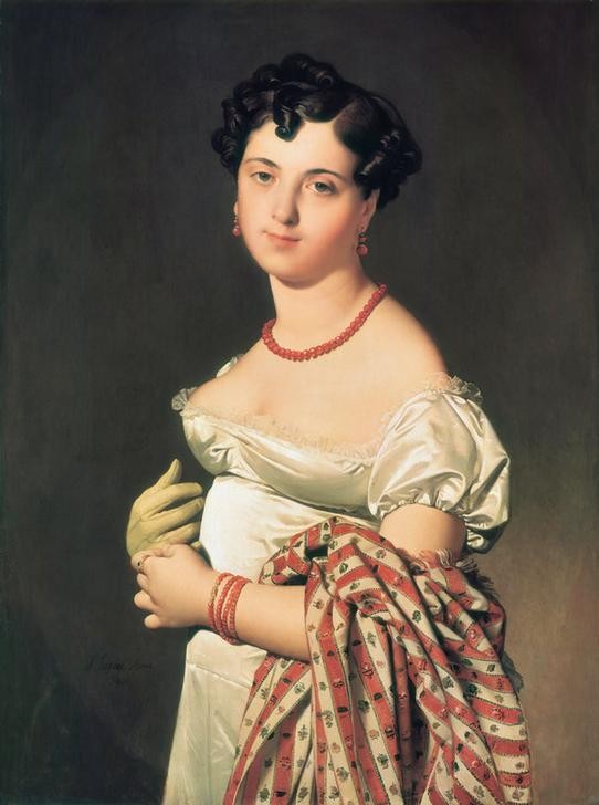 JEAN-AUGUSTE-DOMINIQUE INGRES, Madame Panckoucke (Damenmode,Frau,Handschuh,Kette (Schmuck),Mädchen,Mensch,Mode,Schmuck,Ohrring,Klassizismus,Dekollete,Portrait,Halskette,Bilderrahmen,Empire,Bürgertum,Französische Kunst,Kleid,Kleidung (Allgemein),Koralle,Armband,Kopf,Locke,Privatsammlung,Grossbürgertum,Fri)