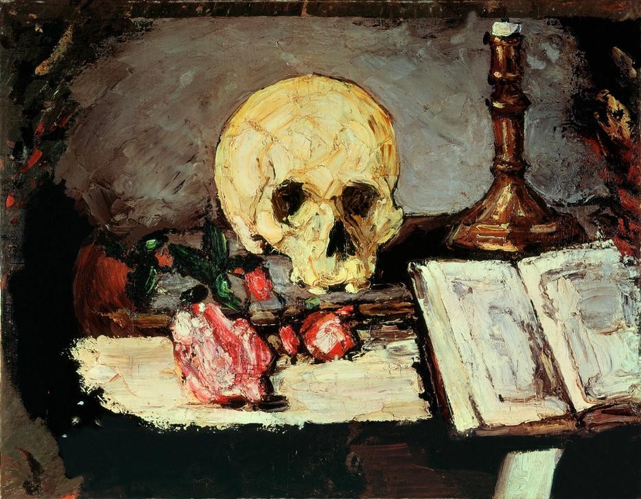 Paul Cézanne, Totenschädel u. Kerzenlicht (Buch,Kunst,Impressionismus,Stillleben,Vanitas,Totenkopf,Französische Kunst,Memento Mori,Buch (Aufgeschlagen),Kerzenhalter)