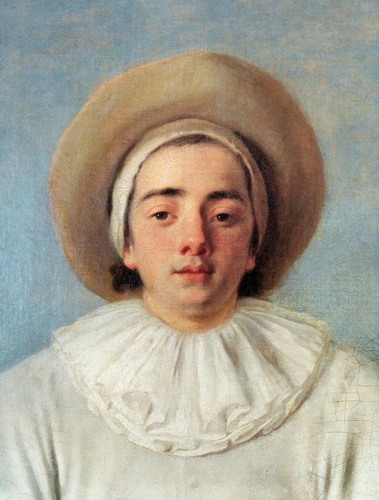 Jean-Antoine Watteau, Gilles (Commedia Dell'arte,Fahrendes Volk,Mann,Rollenbild,Theater,Hut,Rokoko,Kostüm (Verkleidung),Portrait,Komödie,Clown,Pierrot,Halskrause,Französische Kunst,Schauspiel,Kleidung (Allgemein),Knopf (Knöpfe),Kopf,Ausschnitt)