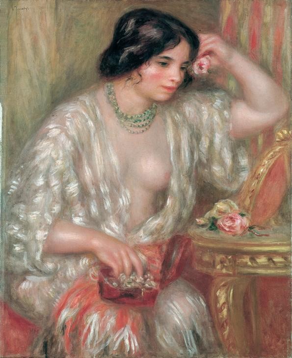 Pierre-Auguste Renoir, Gabrille aux bijoux (Frau,Kunst,Mensch,Morgentoilette,Schmuck,Toilette (Körperpflege),Impressionismus,Busen,Portrait,Französische Kunst,Neglige,Junge Frau,Privatsammlung)