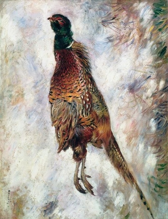 Pierre-Auguste Renoir, La faisan sur la neige (Fasan,Jagd,Kunst,Winter,Zoologie,Impressionismus,Schnee,Stillleben,Französische Kunst,Fasanenjagd,Ornithologie,Privatsammlung,Kadaver)