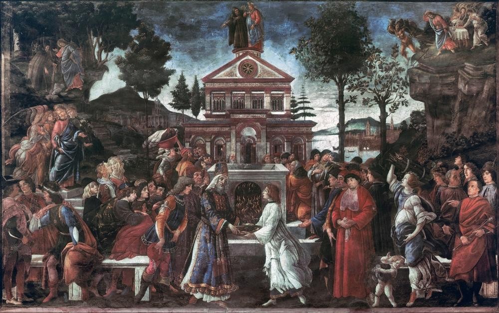 Sandro Botticelli, Jüdische Opferszene und Versuchungen Christi (Christentum,Jüdische Religion,Kult,Kunst,Tempel,Renaissance,Neues Testament,Bibel,Simultanbild,Architekturdarstellung,Italienische Kunst,Christi Versuchung,Leben Jesu,Opfer (Religion))