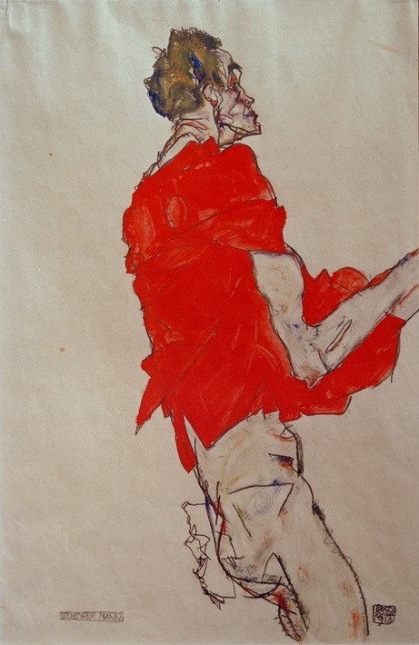 Egon Schiele, Stehender Mann mit rotem Tuch (Mann,Akt,Expressionismus,Österreichische Kunst,Halbakt)