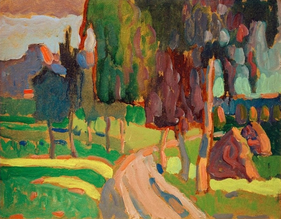 Wassily Kandinsky, Sommerlandschaft bei Sonnenuntergang (Landstrasse,Landschaft,Sommer,Sonnenuntergang,Strasse (Allgemein),Tageszeiten,Abend,Expressionismus,Russische Kunst)