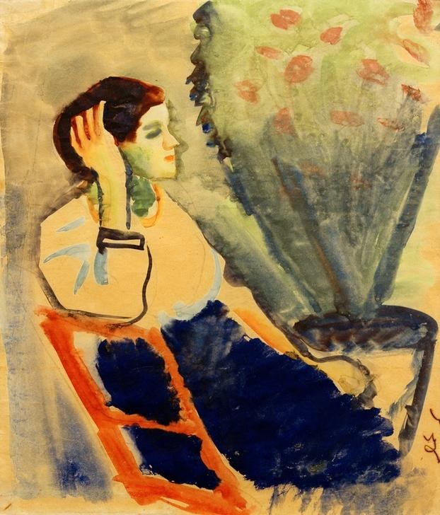 August Macke, Frau auf rotem Stuhl (Frau,Mensch,Portrait,Expressionismus,Der Blaue Reiter,Sitzen,Junge Frau,Kopf Stützen)