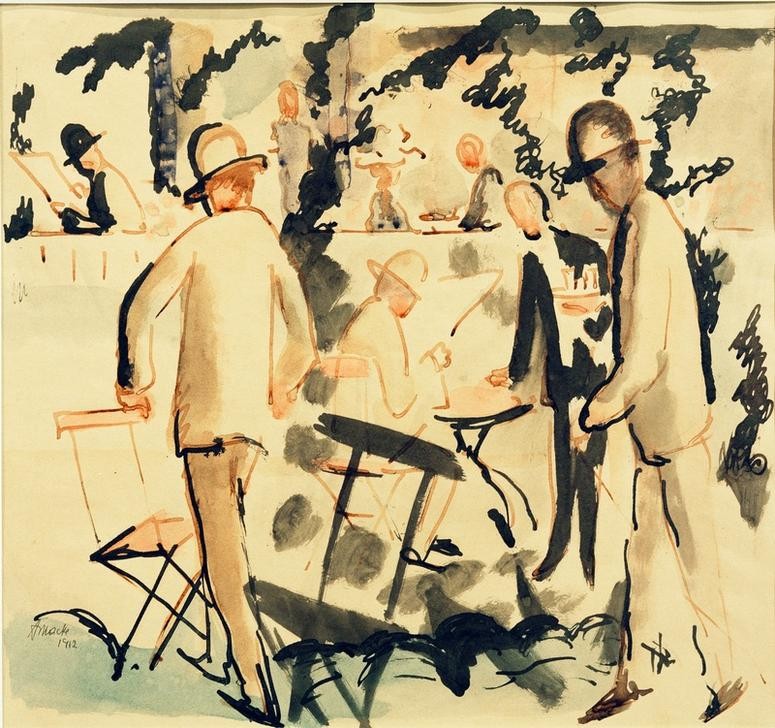 August Macke, Kaffeehaus-Terrasse (Ausflugslokal,Gartenwirtschaft,Gastronomie,Terrasse,Strassencafe,Expressionismus,Der Blaue Reiter,Klappstuhl,Cafe)