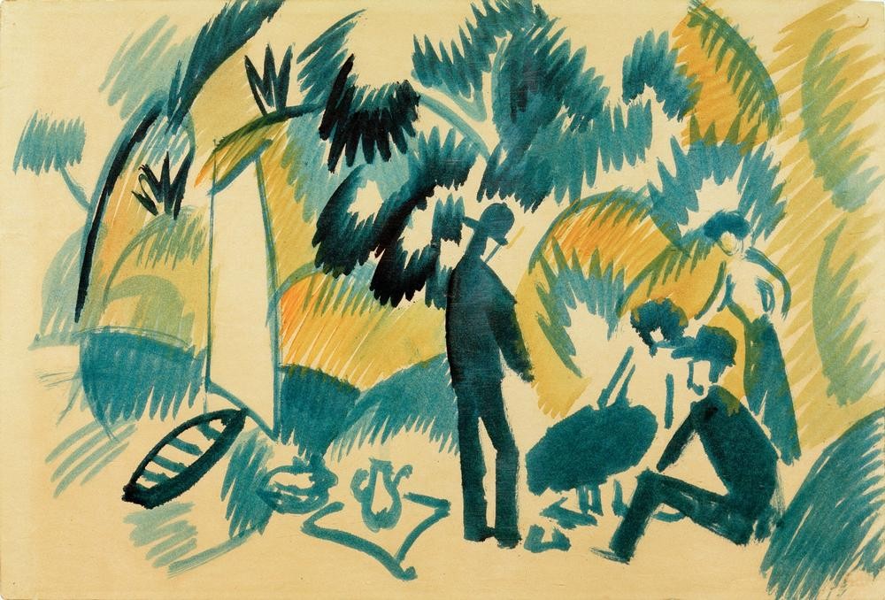 August Macke, Am Thuner See, Picknick nach dem Segeln (Deutsche Kunst,Landschaft,Picknick,Freizeit,Segeln,Segelboot,See,Expressionismus,Reise,Der Blaue Reiter,Im Freien (Allgemein))