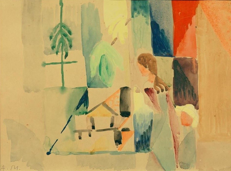 August Macke, Kinder am Gemüseladen II (Deutsche Kunst,Frau,Gemüse,Handel,Kind,Obst,Schaufenster,Nahrungsmittel,Expressionismus,Der Blaue Reiter,Laden,Betrachten)