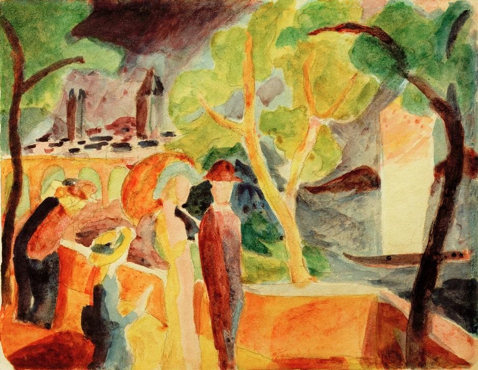 August Macke, Spaziergänger am See (Deutsche Kunst,Freizeit,Spaziergang,Uferpromenade,Segelboot,See,Expressionismus,Reise,Der Blaue Reiter)