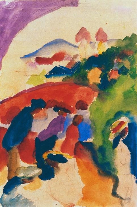 August Macke, Spaziergänger mit Stadt (Deutsche Kunst,Freizeit,Spaziergang,Expressionismus,Reise,Der Blaue Reiter)