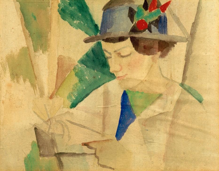 August Macke, Die Frau des Malers, lesend (Ehefrau,Buch,Deutsche Kunst,Frau,Kopfbedeckung,Maler (Künstler),Hut,Ehefrau Von Berühmten,Portrait,Expressionismus,Künstlerfrau,Der Blaue Reiter,Leserin,Person)