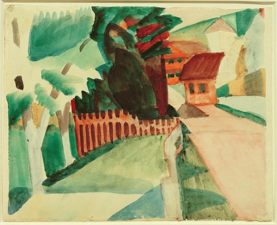 August Macke, Dorfstraße (Deutsche Kunst,Dorfstrasse,Dorf,Landschaft,Strasse (Allgemein),Expressionismus,Der Blaue Reiter,Gartenzaun)