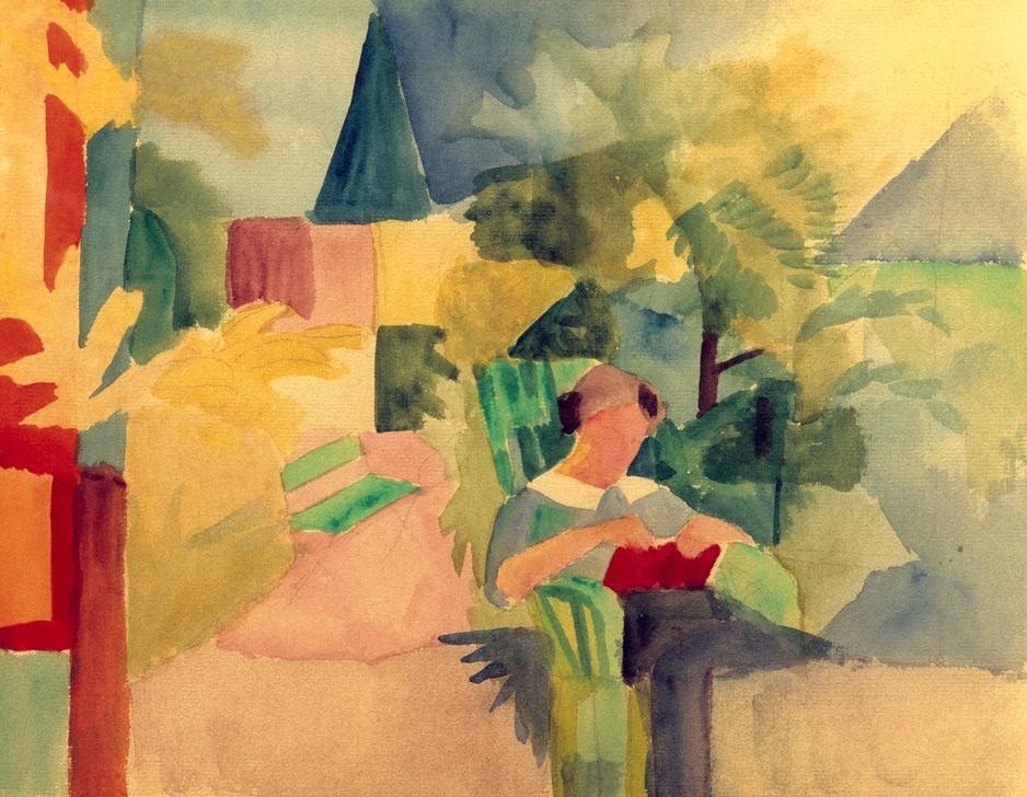 August Macke, Garten mit lesender Frau (am Thuner See) (Deutsche Kunst,Garten Und Park,Menschen Im Park,Freizeit,Ehefrau Von Berühmten,Expressionismus,Lesen (Allgemein),Künstlerfrau,Der Blaue Reiter,Im Freien (Allgemein),Menschen Im Garten,Leserin)